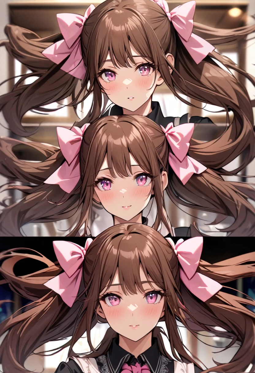 Girl, long hair, pretty, beautiful, main face, font face, pink eyes, pink bow tie, brown hair, beautiful detailed eyes, detailed hair, adult, mature, 2 pony tails hair