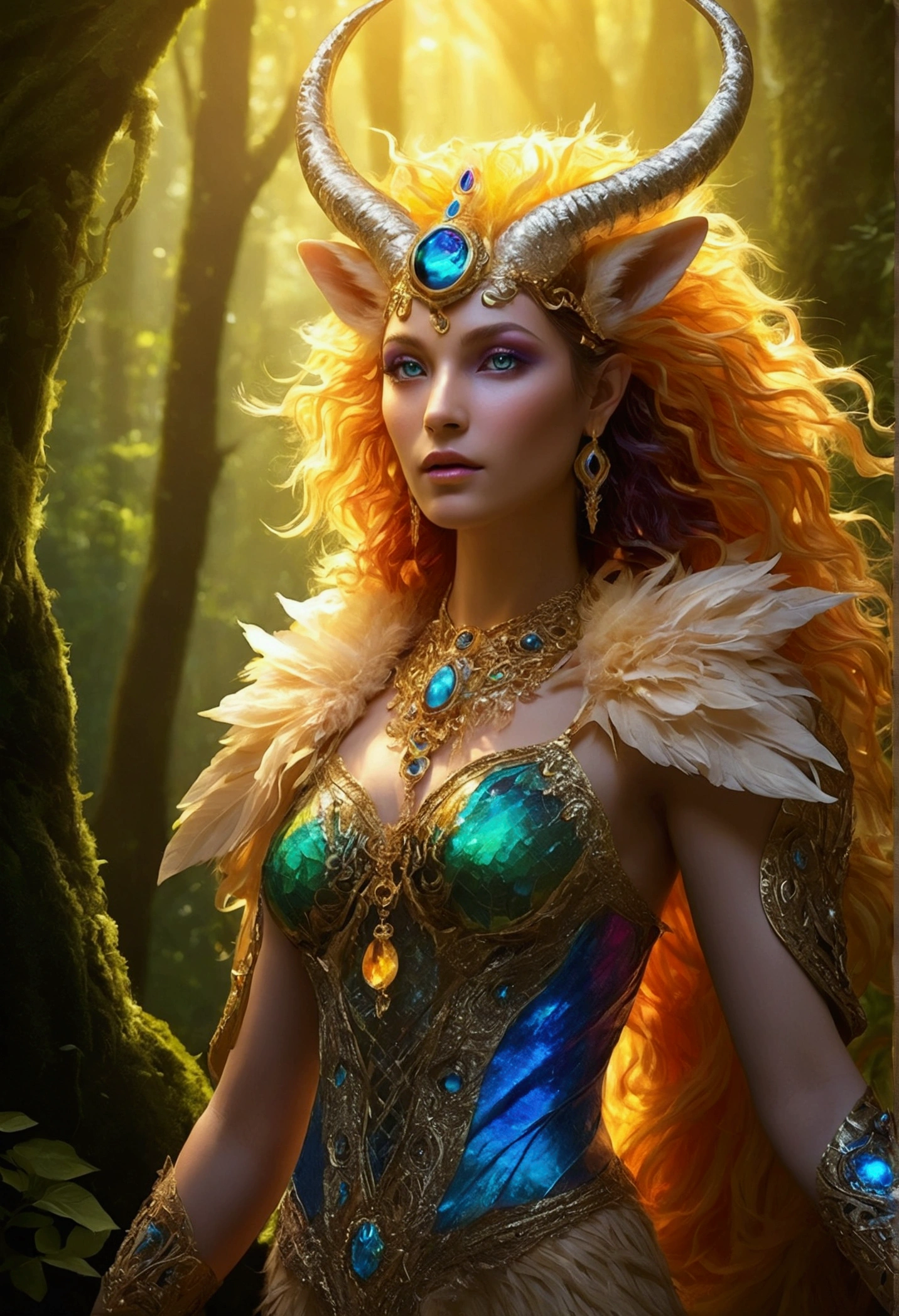 A beautiful, enchantingly elusive humanoid faunus woman, every aspect exudes magic in the midst of danger: shimmering rainbow fur, ethereal golden horn, and eyes that seem to hold the secrets of the universe. The mystical creature is surrounded by a lush, enchanted forest, bathed in the soft light of the setting sun, creating a dreamlike atmosphere that transports viewers to a realm of fantasy and wonder. This breathtaking image is a digital painting that captures the essence of the mythical creature with stunning detail and masterful technique, making it a truly mesmerizing work of art.