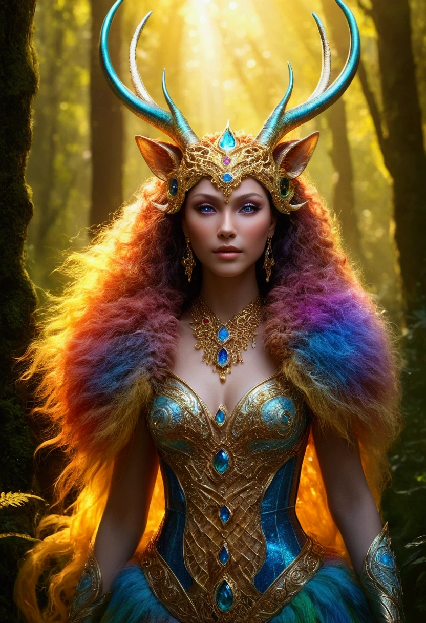 A beautiful, enchantingly elusive humanoid faunus woman, every aspect exudes magic in the midst of danger: shimmering rainbow fur, ethereal golden horn, and eyes that seem to hold the secrets of the universe. The mystical creature is surrounded by a lush, enchanted forest, bathed in the soft light of the setting sun, creating a dreamlike atmosphere that transports viewers to a realm of fantasy and wonder. This breathtaking image is a digital painting that captures the essence of the mythical creature with stunning detail and masterful technique, making it a truly mesmerizing work of art.