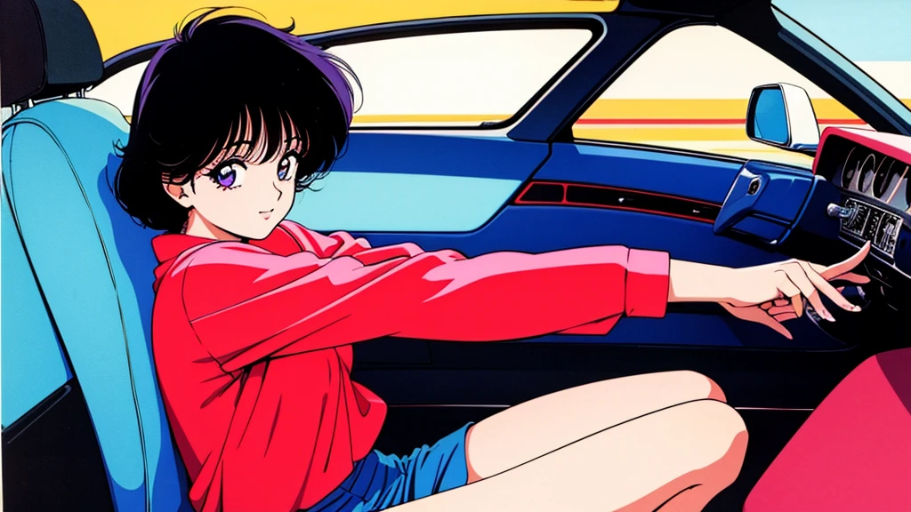 One beautiful energetic woman、Black Hair、sitting in the passenger seat of a car、８０Retro anime style of the 1980s、Vivid colors、Image of a woman from inside a car、