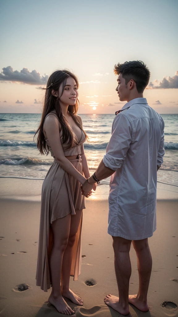 Student graduation on the beach, both female and male, with a sunset