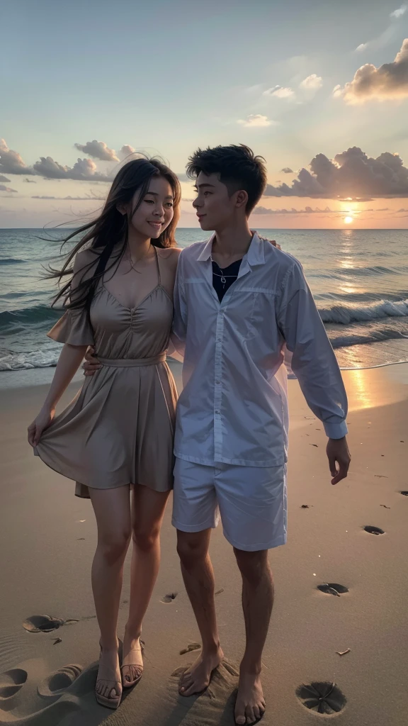 Student graduation on the beach, both female and male, with a sunset
