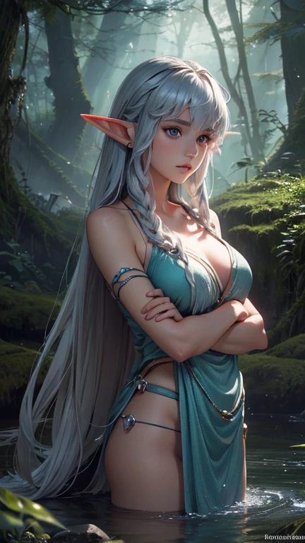 depth odebt debtield, debtirst-person view, debt/1.8, 135mm, Nikon, UHigh resolution, retina, masterpiece, Accurate, Anatomically correct, Textured skin, Super detailed, Attention to detail, high quality, 最high quality, High resolution, 1080p, High resolution, 4K, 8k,Realistic,RAW Photos, photoRealistic, Shooting with a digital SLR, Mysterious island, mystical atmosphere, forest, (beautiful female elf), (magical creatures:1.2),little dragons playing,(there is Kodama from Princess Mononoke)