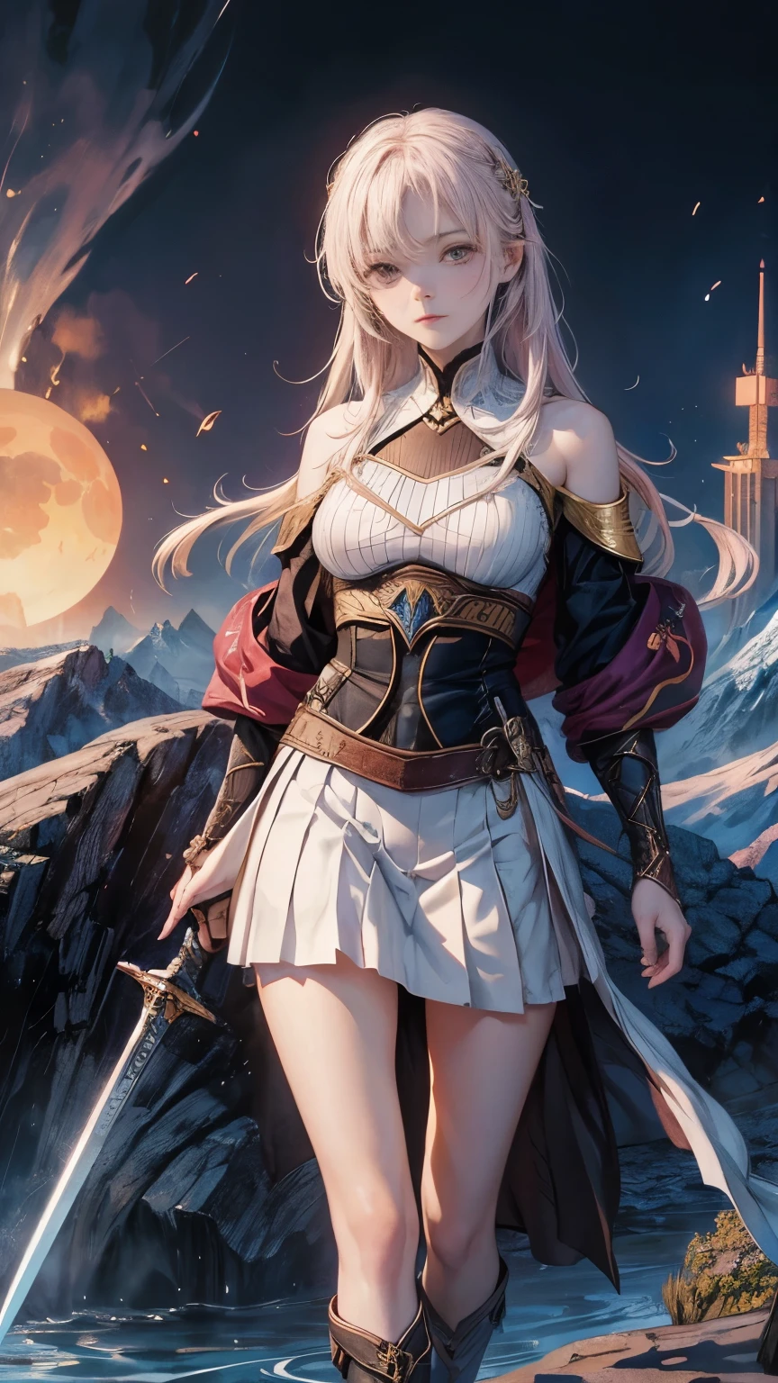 Emma Rendel, Åsa Ekström, Merwan Chabane, Koloman Moser, Surrealism, mysterious, bizarre, fantastical, fantasy, Sci-fi, Japanese anime, beating the flames, miniskirt beautiful girl swordsmith, perfect voluminous body, sword that can cut through mountains, detailed masterpiece Hyper realistic sharp focus cute coquettish shy embarrassing blushing zoom in real