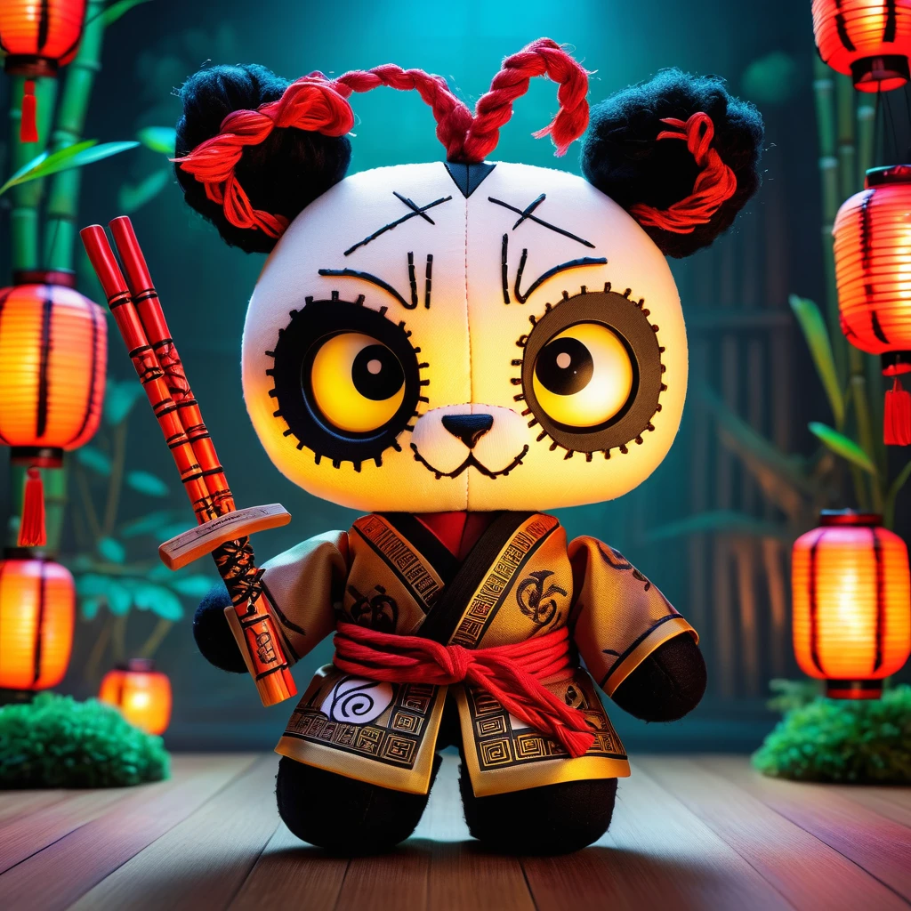 (knitted toy voodoo doll:2.0), (Voodoo Kung-Fu Panda:1.2), (Clothing: martial arts outfit with dragon patterns:1.0), (Accessories: enchanted chopsticks, glowing noodle bowl, mystical bamboo staff:1.2), (background: mystical dojo with floating, glowing lanterns and magical light:1.2), best quality, masterpiece, detailed soft oil painting, detailed background, dramatic cinematic lighting, soft edge lighting, professional, dramatic lighting, hard edge lighting, ultra quality, 4k, masterpiece, best quality, 8k, ultra high definition, high resolution, extremely detailed