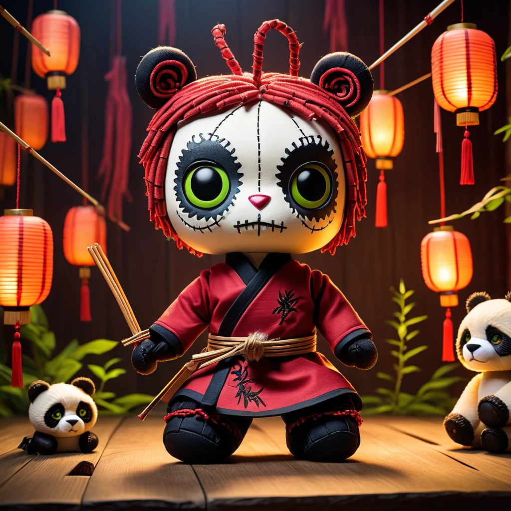 (knitted toy voodoo doll:2.0), (Voodoo Kung-Fu Panda:1.2), (Clothing: martial arts outfit with dragon patterns:1.0), (Accessories: enchanted chopsticks, glowing noodle bowl, mystical bamboo staff:1.2), (background: mystical dojo with floating, glowing lanterns and magical light:1.2), best quality, masterpiece, detailed soft oil painting, detailed background, dramatic cinematic lighting, soft edge lighting, professional, dramatic lighting, hard edge lighting, ultra quality, 4k, masterpiece, best quality, 8k, ultra high definition, high resolution, extremely detailed