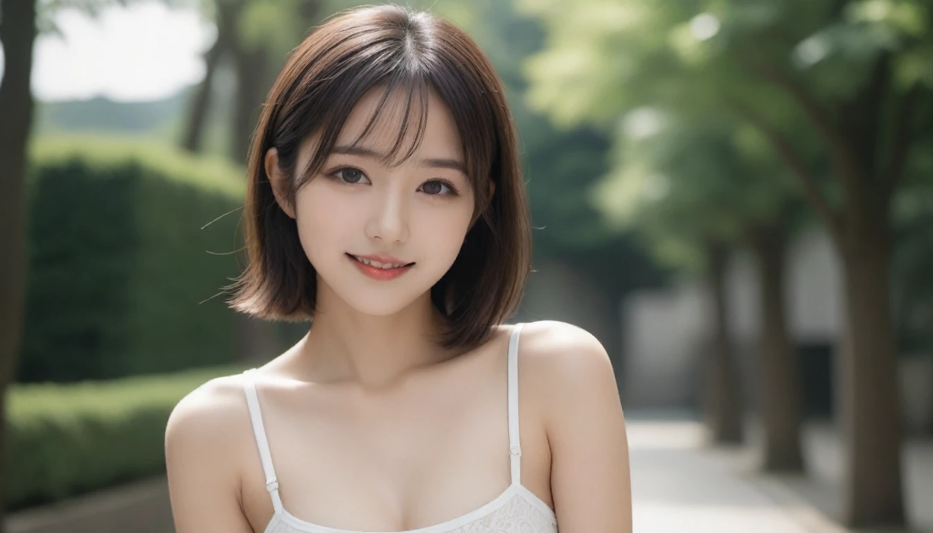 8k, Ultra-high resolution, Highest quality, masterpiece, 三分割法によるphotograph,Surreal, photograph, 1 Girl, (:1.3), pretty girl, Cute Face, Beautiful eyes in every detail, 細かくdetailedに,masterpiece,One Girl:1.2, Japan Female Announcer,extream close up,smile,Black Hair,Side undercut,street tree,Urban area,Young Wife,healthy,Sports Bra,Bra Top,Shorts,Natural Makeup,Realistic Skin, Perfect and beautiful face ,完璧でCute Face, Skin with attention to detail, Perfect limbs、Narrow waist、Thin legs),Looking at the audience、beauty,Long neck、(((Ideal body type))),A cup small breasts :2,Portraiture:2,Perfect Anatomy,鮮明なdetailed,detailed,Surreal,Light and shadow,dappled sunlight