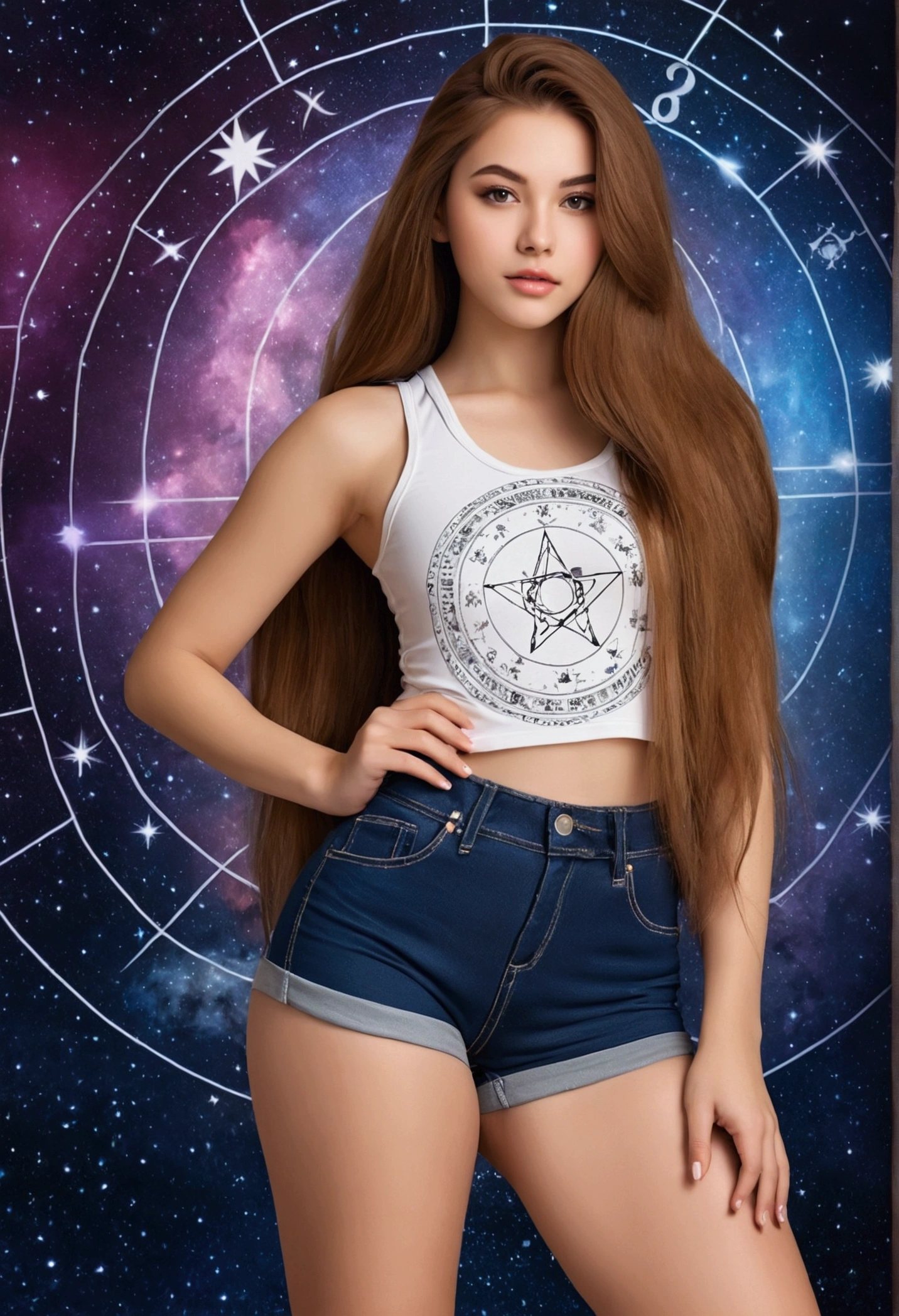 Beautiful Girl 20 years old , sexy, tight shorts and tank top , astrology background theme, realistic, long lush hair, big wide butt
