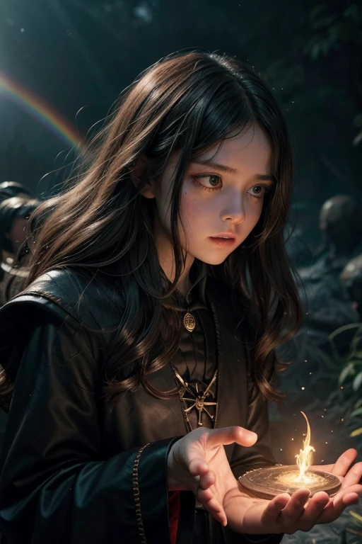 The master witches advanced towards the young witch with their eyes glowing an ominous red, casting ancient and powerful spells that distorted reality itself. The air around them pulsed with dark energy, tearing apart the fabric of existence and opening rifts to hellish dimensions. In response, the young witch summoned her last reserves of courage and determination, raising her trembling hands to conjure a barrier of blinding light that reverberated with the purity of her newfound soul. A cacophony of ancient voices resonated in the magical air, echoing ancient prophecies and forgotten secrets. The elements of nature roared in chorus, supporting the young witch's cause against the forces of age-old darkness. The duel between light and shadow reached its climactic climax, with bursts of rainbow energy spreading across the chaotic scene like divine meteorites.