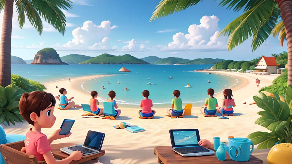 Beach, A group of agers watching tablets, Illustration style, Beach, seaside, Highest quality 4K, Color Field painting, UHD
