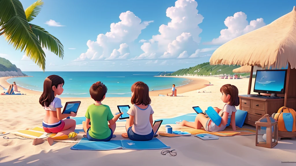 Beach, A group of teenagers watching tablets, Illustration style, Beach, seaside, Highest quality 4K, Color Field painting, UHD