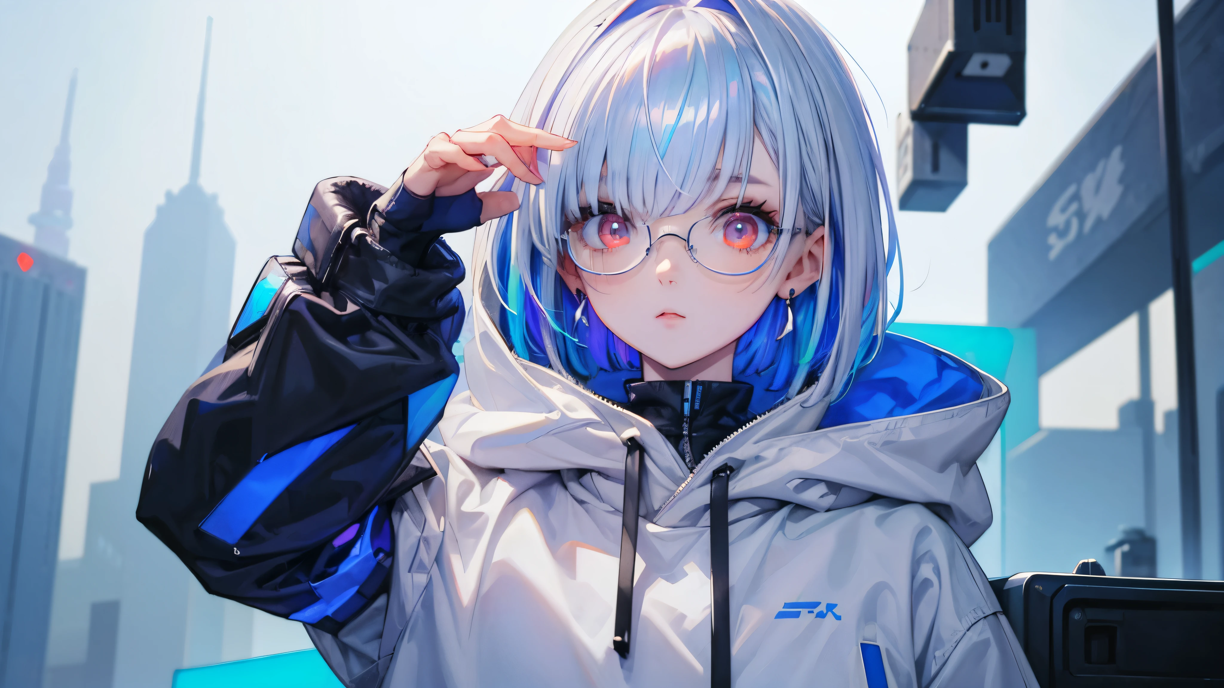 girl、White oversized hoodie with blue accents、Cyberpunk cityscape、Glasses、Composition looking up from below, white hair, colored inner hair, blue hair, floating hair, bob cut, red eyes, longeyelashes, gradient eyes, earrings, from below, UHD, highres, best quality, 8k