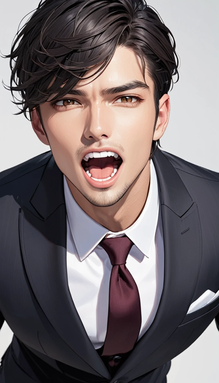 handsome , Surprisingly, With his mouth wide open, black short hair, wear a suit
