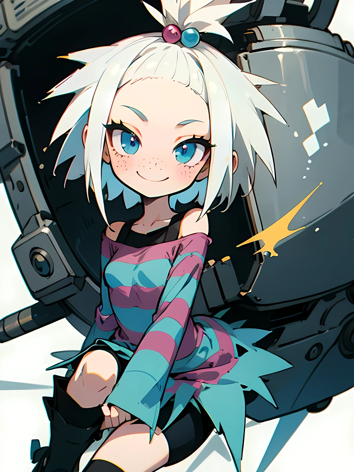 (chibi),(masterpiece:1.3), (best quality:1.2), (illustration:1.2), (ultra detailed:1.2), 1girl, close up face,solo, small breasts, short hair, topknot, forehead, freckles, looking at viewer, roxie ,white hair, blue eyes, smile, happy, striped dress, striped, dress, bike shorts, boots, pale skin,  simple backgorund,