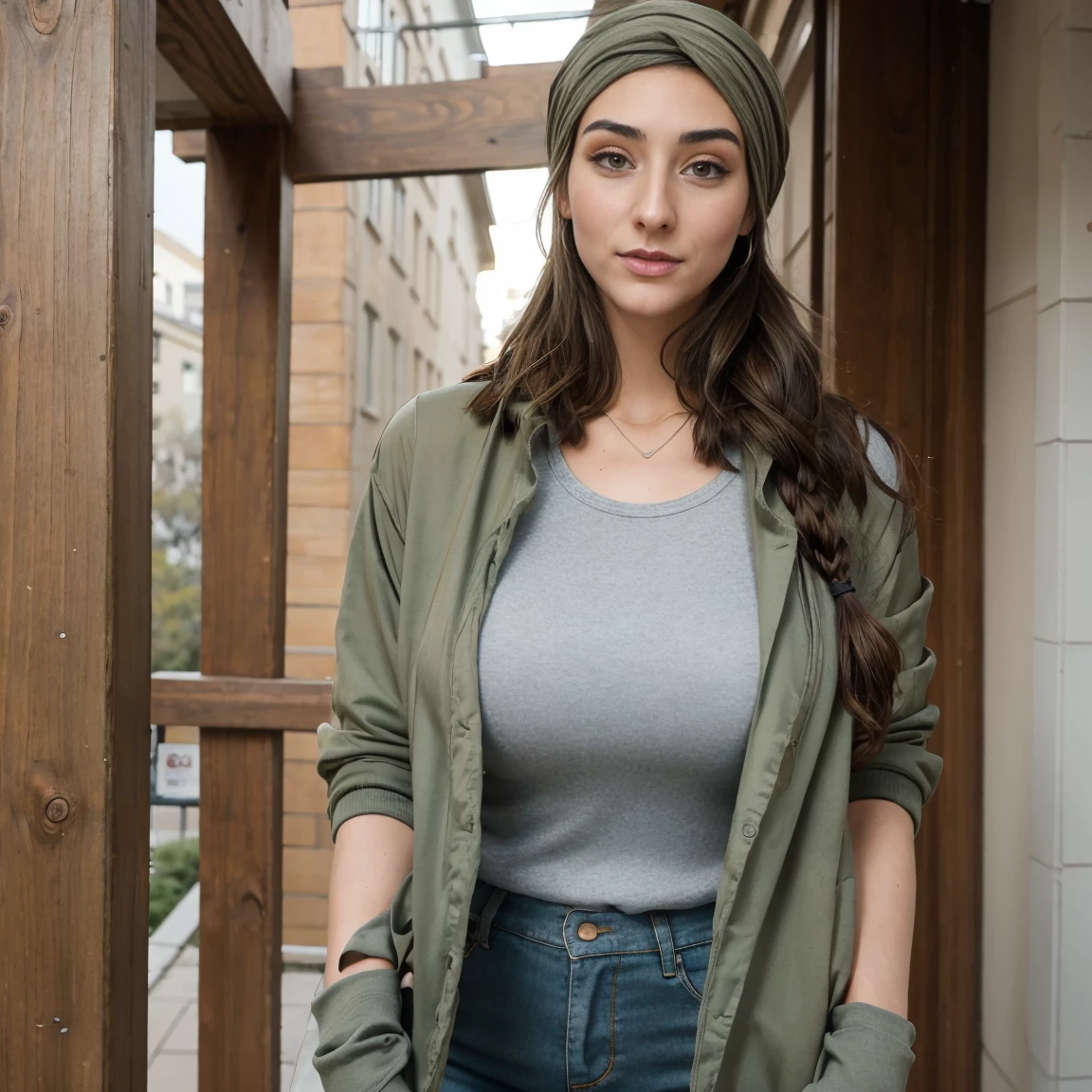 Extremely busty thin and toned brunette photographer, college girl, fair skin, loose side braid, soft face, athletic, bandana babushka headwrap, tight olive green casual windbreaker, skinny jeans. standing in front of her apartment building, outdoors, city, camera bag, cleavage
