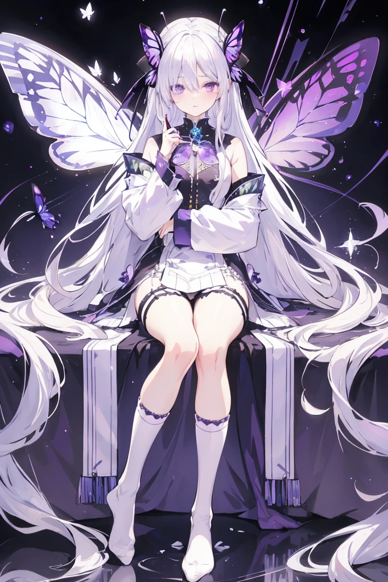 Silver Hair，crystal hair, Butterfly，Long white hair，8k wallpaper，Detailed background，Maximum resolution，Hair covers one eye，Drawcord，Chies，purple Rose，Tight Fit，高筒Socks，Socks