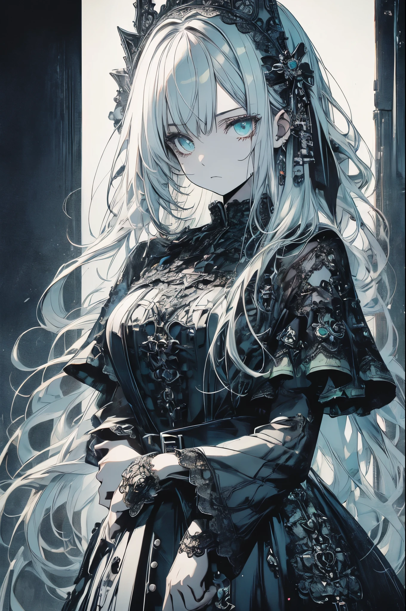 RAW Photos, Realistic, Ultra-realistic, five-panel comic, gothic girl, big eyes, detailed linework, black and white, elegant dress, vintage lace, dark background, melancholic mood, big speech bubbles, baroque influences, thin pen lines, screen tones, dot shading, selective coloring, red, light green, light blue, Japanese manga style, Highest quality, masterpiece, Ultra-high resolution, 8K