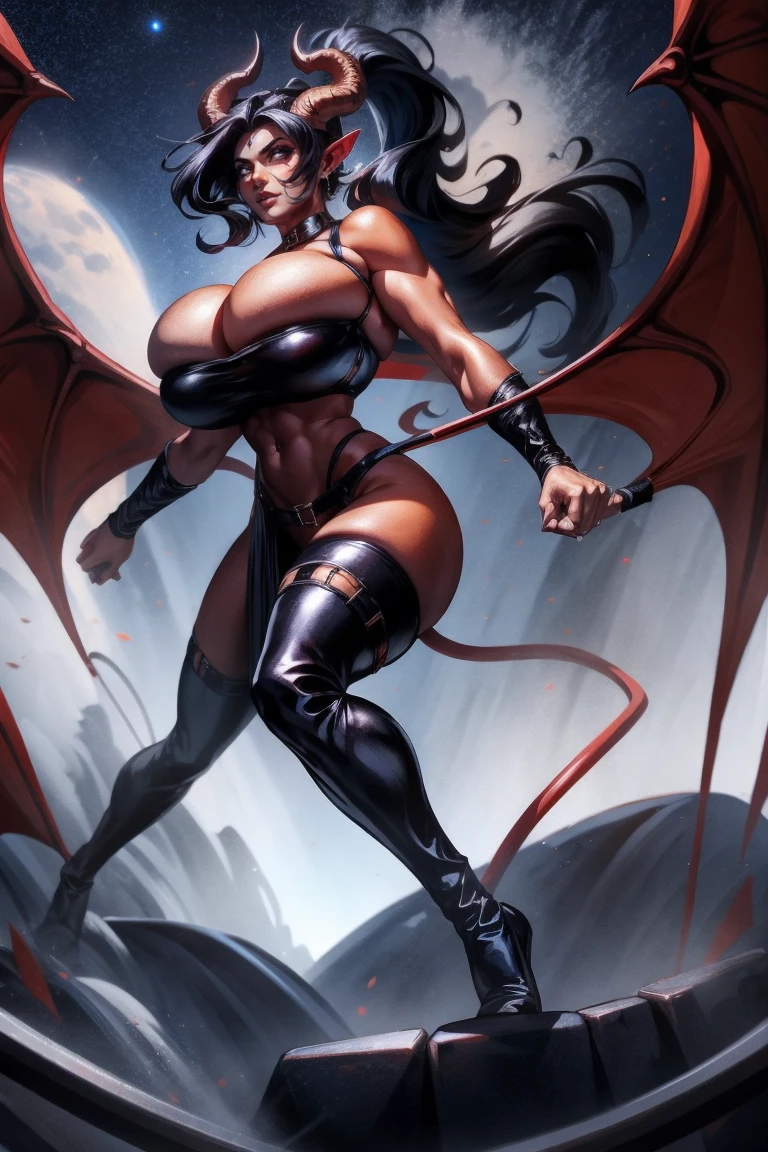 Red skin succubus tiefling, , black horns, wings, huge tail, black leather, crop top, cleavage, long flowing pelvic curtain, tall, athletic, graceful, thin, long black ponytail. Action scene, whip. Dark scene, explosions, night sky.