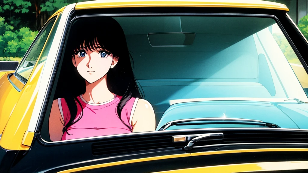 One beautiful energetic woman、Black Hair、sitting in the passenger seat of a car、80Retro anime style of the 1980s、Vivid colors、Image of a woman from inside a car、