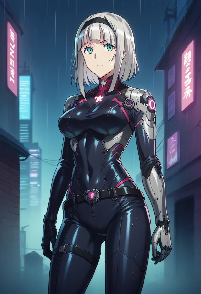 Anna nishikinomiya with the same body as a woman but only with armor that covers her entire body, has a (black robotic armor) turned into a Cyborg, of the shoulders and torso, and robotic legs without garments or clothing only Cyborg armor, in a raining alley of a cyberpunk city 