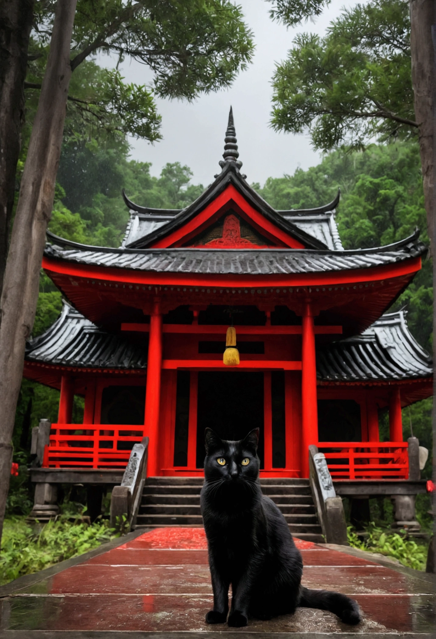 black cat, in the forest, (red shrine, red temple), nature, rainy day, cloudy sky, (one and only one), cat ghost, single, country town, cat god