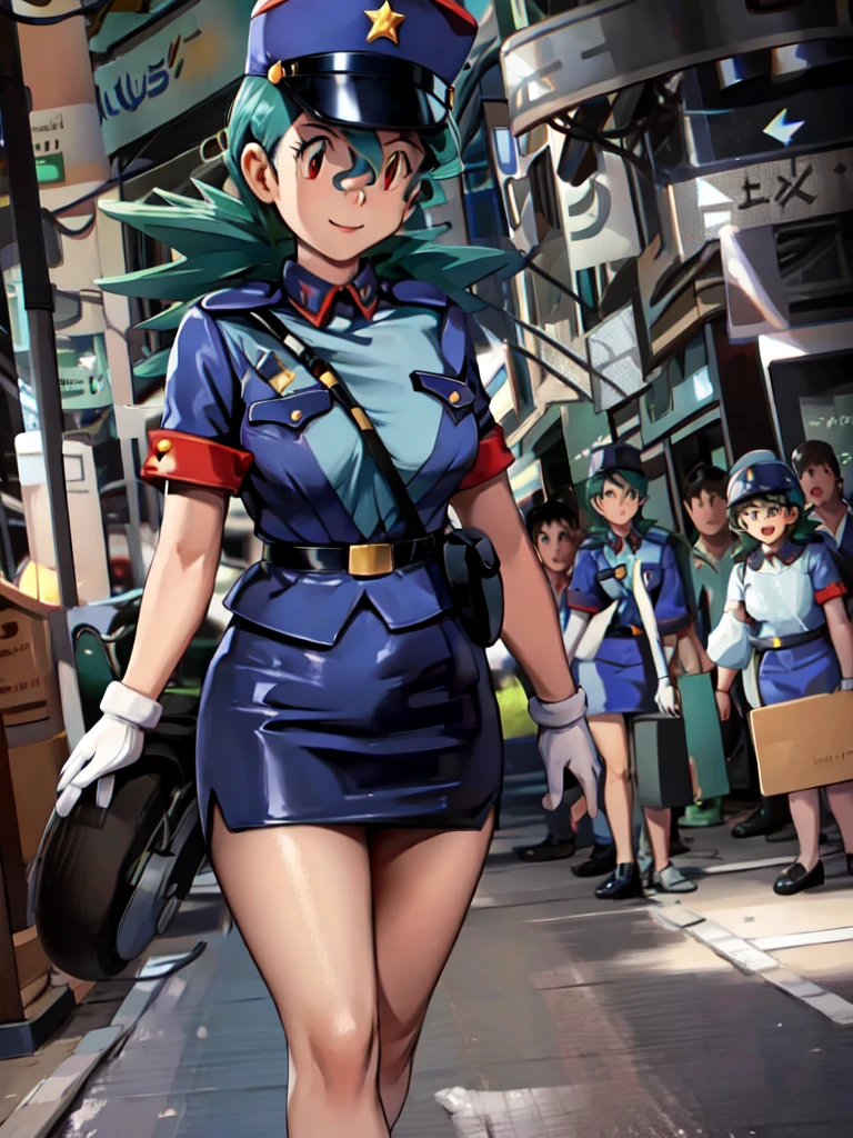 masterpiece, best quality, ultra-detailed, officer jenny, pokemon, 1girl, solo, long hair, smile, red eyes, green hair, white gloves, police hat, miniskirt, bag, star (symbol), uniform, blue skirt, blue shirt, pencil skirt, brown pantyhose, police uniform, realistic, city background volumetric lighting, intricate details, tonemapping, sharp focus, hyper detailed