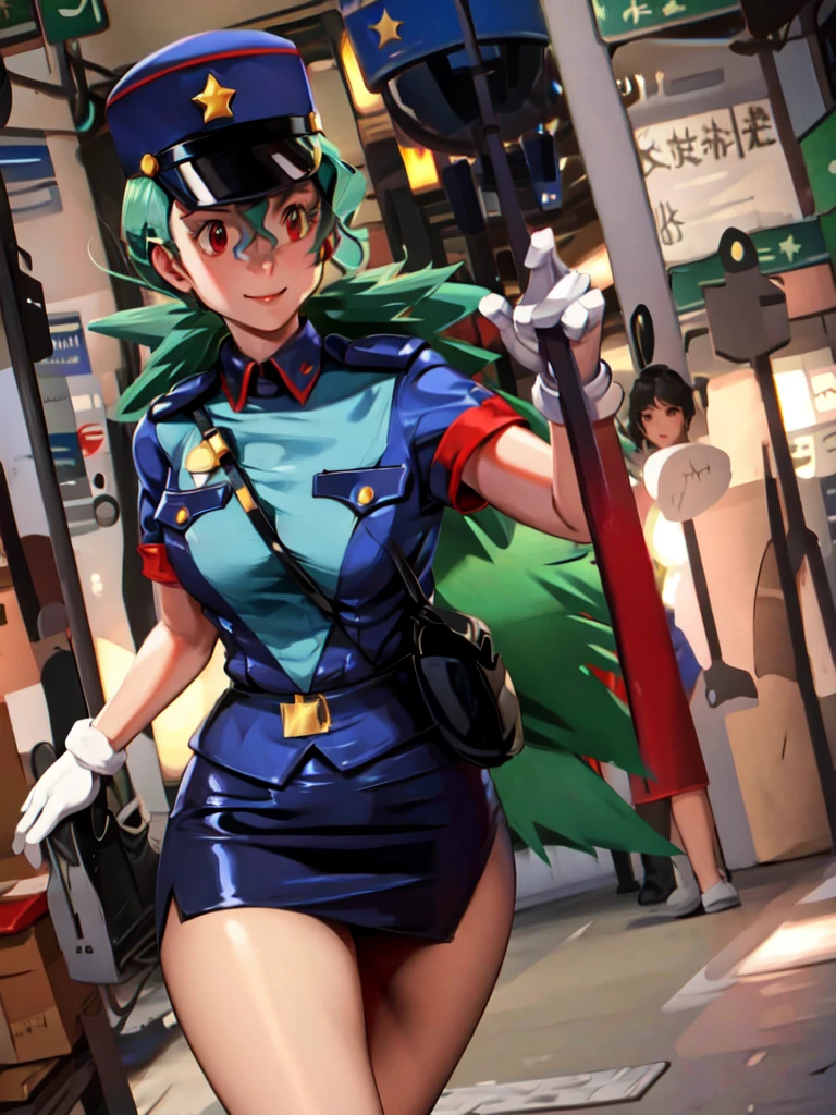 masterpiece, best quality, ultra-detailed, officer jenny, pokemon, 1girl, solo, long hair, smile, red eyes, green hair, white gloves, police hat, miniskirt, bag, star (symbol), uniform, blue skirt, blue shirt, pencil skirt, brown pantyhose, police uniform, realistic, city background volumetric lighting, intricate details, tonemapping, sharp focus, hyper detailed