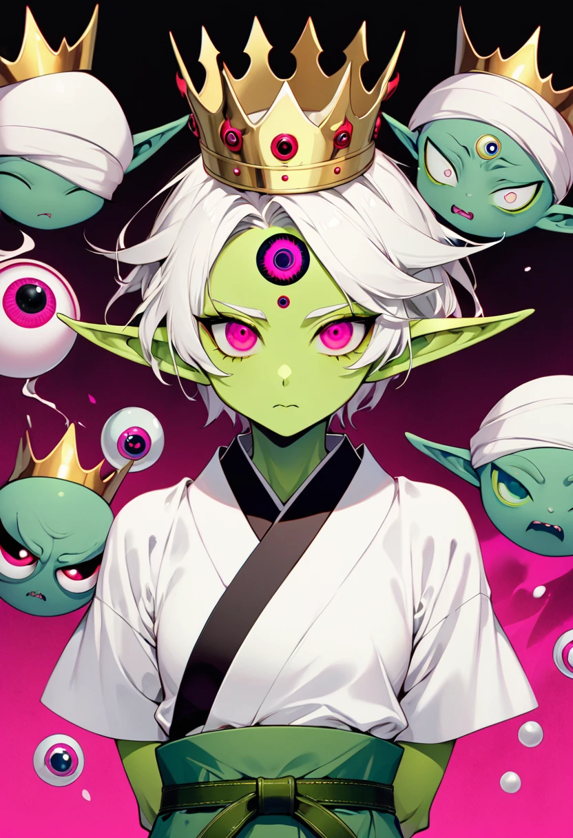 Japanese Anime,Second Dimension,Horror style,horror character,(((Three-eyed boy,独奏,third eye on the forehead,Dark eyeshadow,White short hair,Elf ears,Green Skin,Exaggerated golden crown-eyeball decoration))),(((Japanese clothing))).(((Thin waist,Green belt:1.6))).Pure pink background