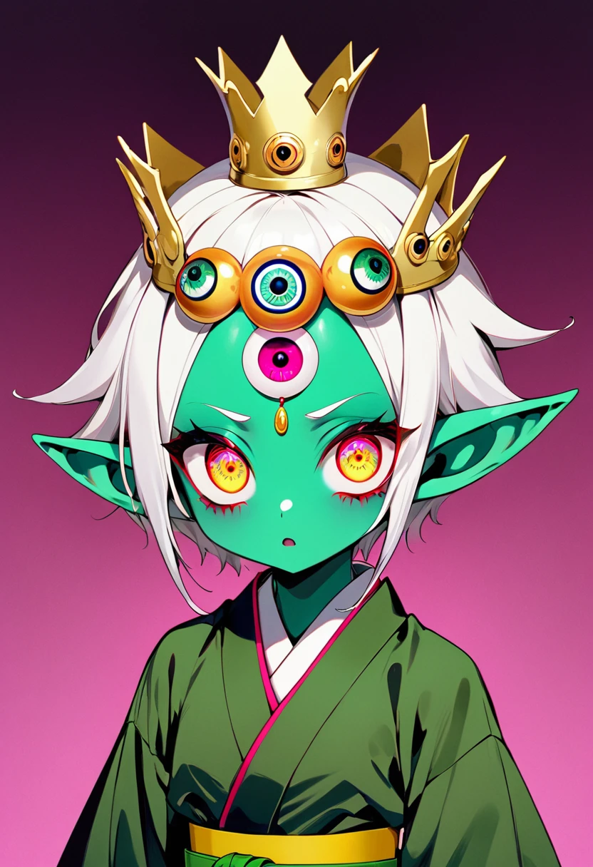 Japanese Anime，Second Dimension，Horror style，horror character，(((Three-eyed boy，独奏，third eye on the forehead，Dark eyeshadow，White short hair，Elf ears，Green Skin，Exaggerated golden crown-eyeball decoration))),(((Japanese clothing))).(((Thin waist，Green belt：1.6))).Pure pink background