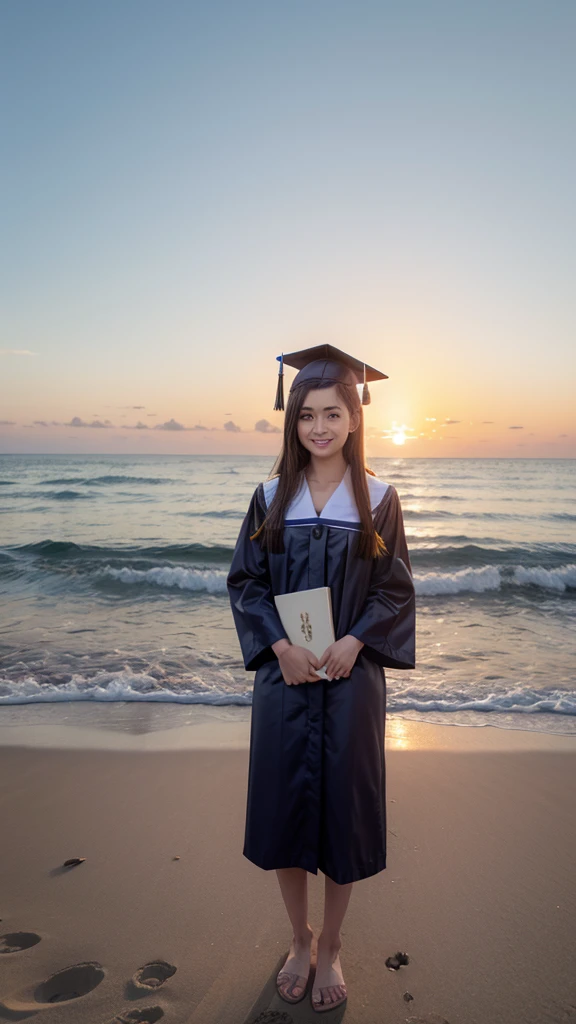 Student graduation on the beach with a sunset