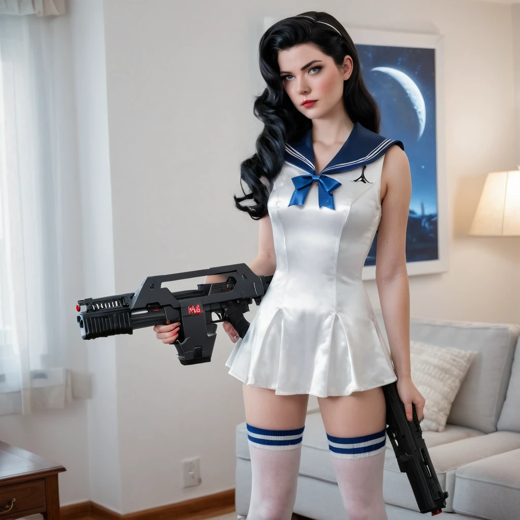 a woman in a satin sailor outfit standing in a living room, holding a M41A pulse Rifle , in style of artgerm, moon shining, cosplay, a sexy warrior, long wavy black hair, trevor brown style, award - winning photo, lunar cycles, photo realistic, 8k vibrant colors