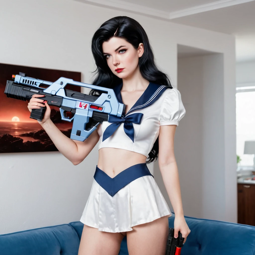 a woman in a satin sailor outfit standing in a living room, holding a M41A pulse Rifle , in style of artgerm, moon shining, cosplay, a sexy warrior, long wavy black hair, trevor brown style, award - winning photo, lunar cycles, photo realistic, 8k vibrant colors
