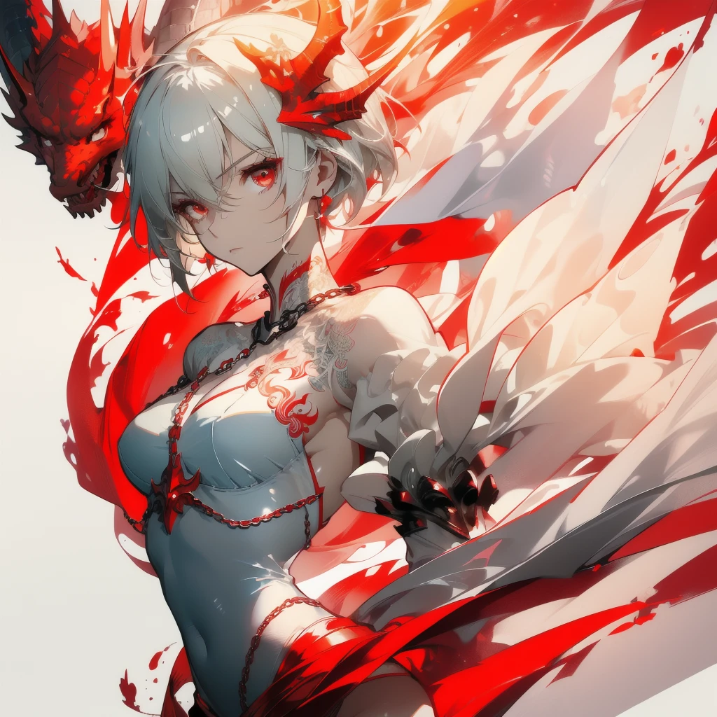 ((masterpiece, best quality)), Delicate face，Dragon Rider，Standing picture，whole body，Perfect body proportions，Long legs，Handsome short hair，Nice red eyes，Fantasy style，White background，Extremely beautiful，transparent，Pure white armor，Sexy bikini，Flame Surround，chain，Tattoo，Lace，exposed