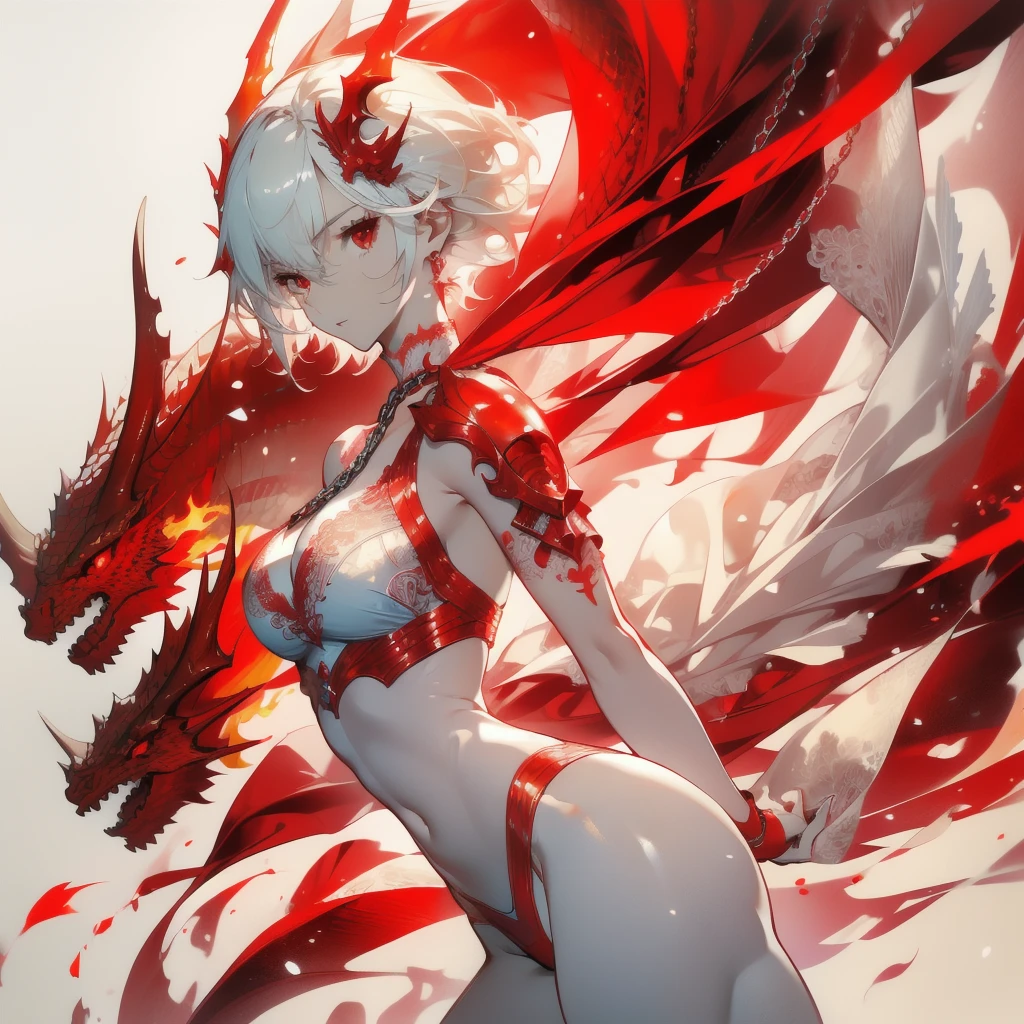 ((masterpiece, best quality)), Delicate face,Dragon Rider,Standing picture,whole body,Perfect body proportions,Long legs,Handsome short hair,Nice red eyes,Fantasy style,White background,Extremely beautiful,transparent,Pure white armor,Sexy bikini,Flame Surround,chain,Tattoo,Lace,exposed