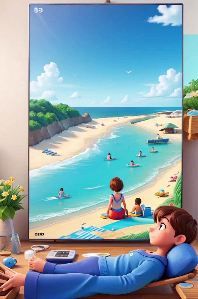 Beach, A group of teenagers watching tablets, Illustration style, Beach, seaside, Highest quality 4K, Color Field painting, UHD