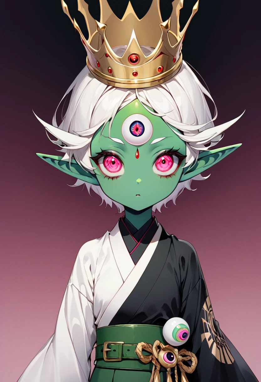 Japanese Anime，Second Dimension，Horror style，horror character，(((Three-eyed boy，独奏，third eye on the forehead，Dark eyeshadow，White short hair，Elf ears，Green Skin，Exaggerated golden crown-eyeball decoration))),(((Japanese clothing))).(((Thin waist，Green belt：1.6))).Pure pink background
