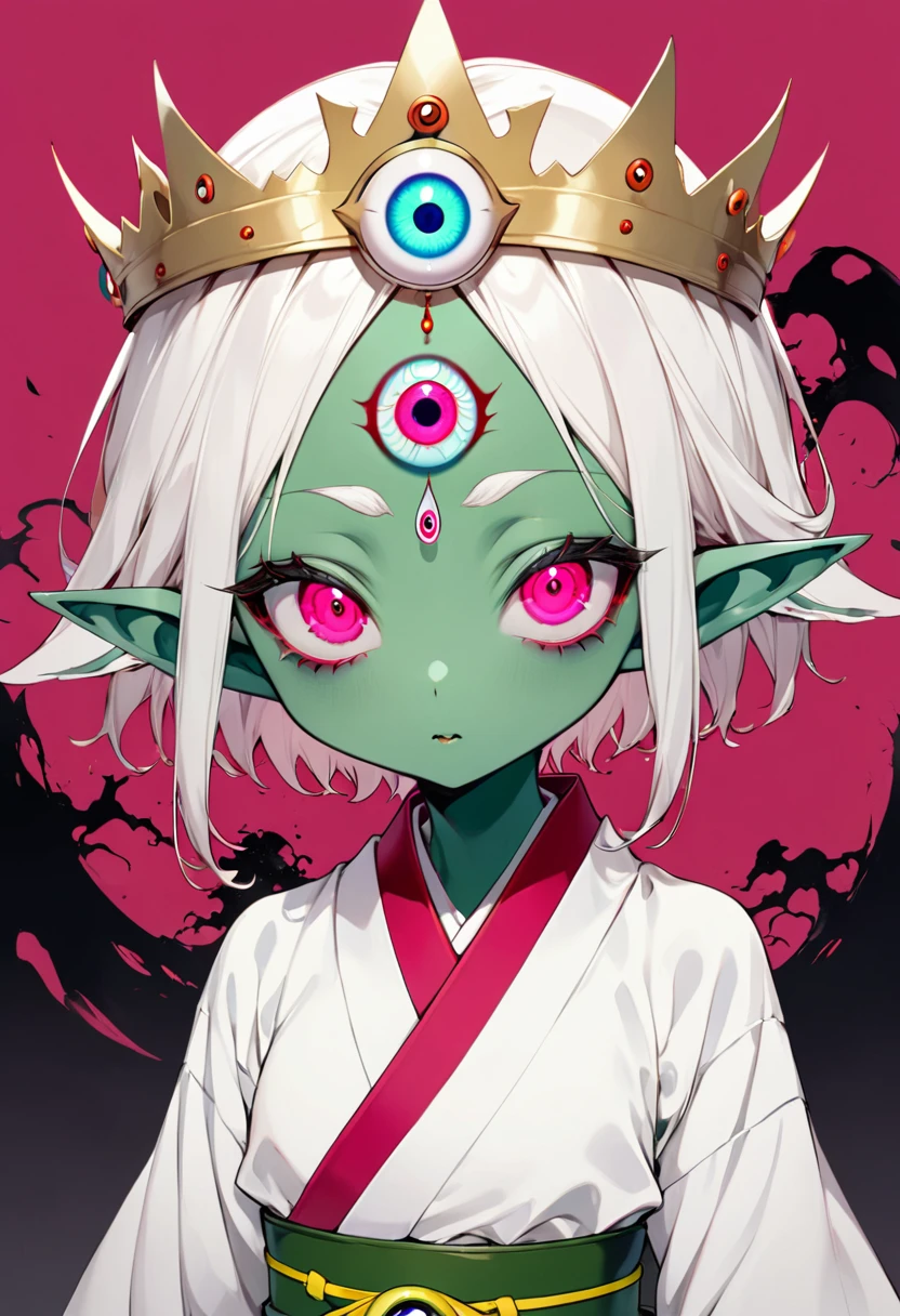 Japanese Anime,Second Dimension,Horror style,horror character,(((Three-eyed boy,独奏,third eye on the forehead,Dark eyeshadow,White short hair,Elf ears,Green Skin,Exaggerated golden crown-eyeball decoration))),(((Japanese clothing))).(((Thin waist,Green belt:1.6))).Pure pink background