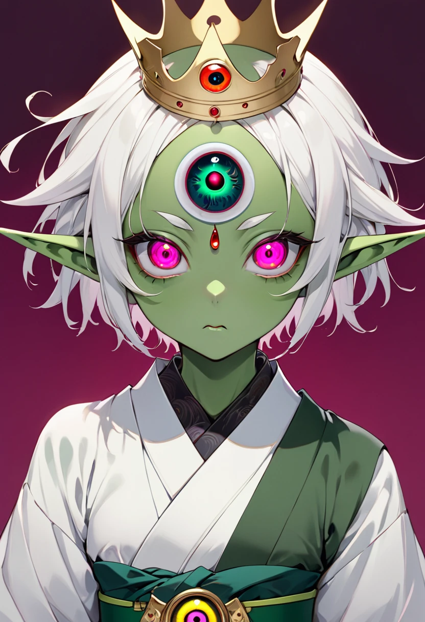 Japanese Anime，Second Dimension，Horror style，horror character，(((Three-eyed boy，独奏，third eye on the forehead，Dark eyeshadow，White short hair，Elf ears，Green Skin，Exaggerated golden crown-eyeball decoration))),(((Japanese clothing))).(((Thin waist，Green belt：1.6))).Pure pink background