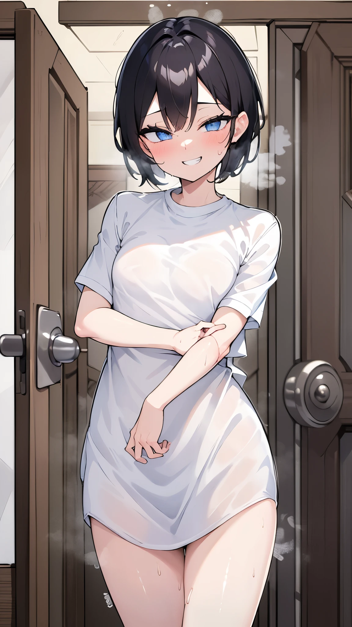 (8k、Best image quality、Highest quality、masterpiece)、Detailed face、A short  girl:1.5、pixie short hair、Black Hair、Bright Blue Eyes、Heart Pupil、Wicked Smile、((steam, sweat, Grin))、Small breasts、((White oversized long shirt:1.5)), Short sleeve、Bra straps、Off the shoulder, No underwear、entrance、Open the door、(A half-naked, macho, vulgar, middle-aged man is hugging her from behind:1.5, from the front、Facing forward), indoor、entrance、Detailed people、Detailed Background、Naughty play from behind:1.5, NTR