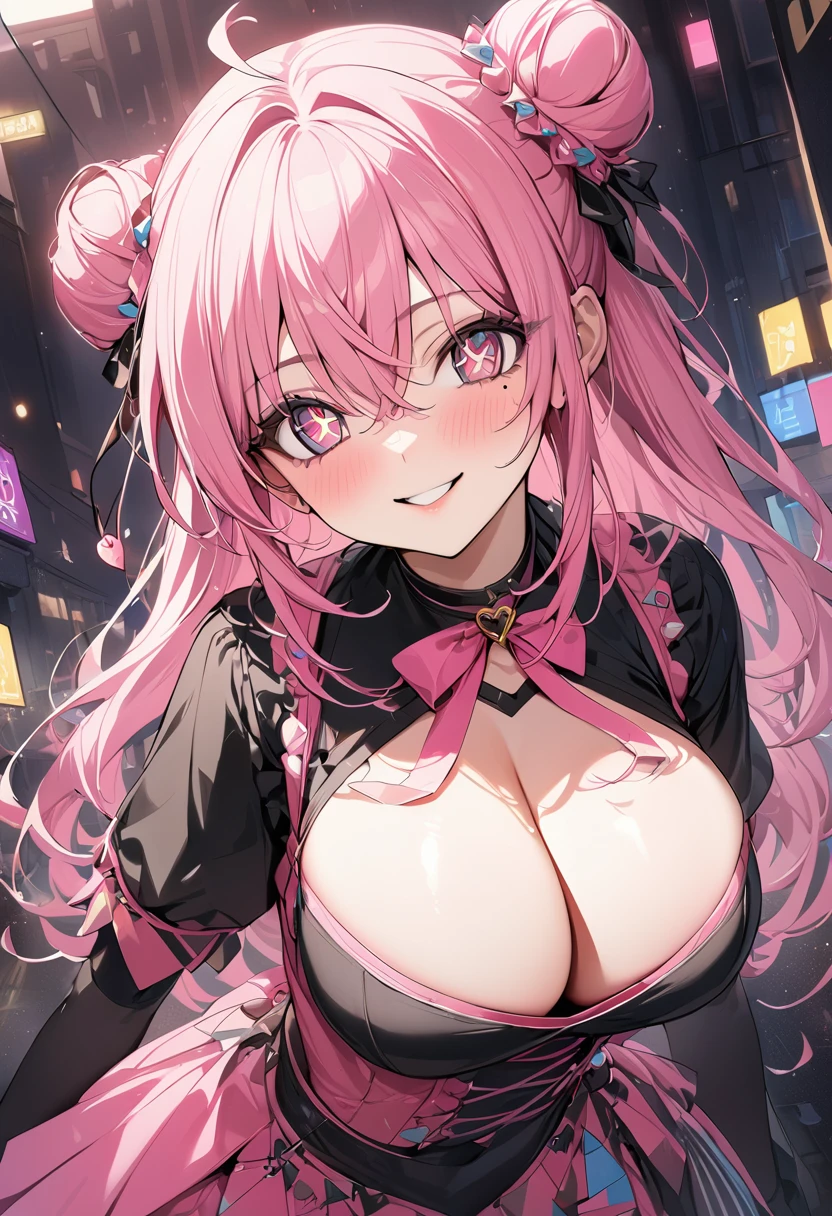 1 girl, pink long bun hair, Symbol-shaped eyes, +_+, big breasts, idol costume, {girl with pink long bun hair named Nami}, (Pink eye color), {downtown}, (smile), bright background , mole under eye, heart shaped choker, (masterpiece, highest quality), very detailed, highest quality, official art, beautiful and aesthetic: 1.2), (1 girl), very detailed, (geometry art: 1.3), colorful, most detailed ?d1 girl, pink long bun hair, Eye of the symbol, +__+, big breasts, gothic costume, {A girl with long pink bun hair named Nami}, (Pink eye color), {downtown}, (smile), bright background, mole under eye, heart shaped choker, (masterpiece, highest quality), official art, beautiful and aesthetic: 1.2), (1 girl), very detailed, (geometry art: 1.3), colorful