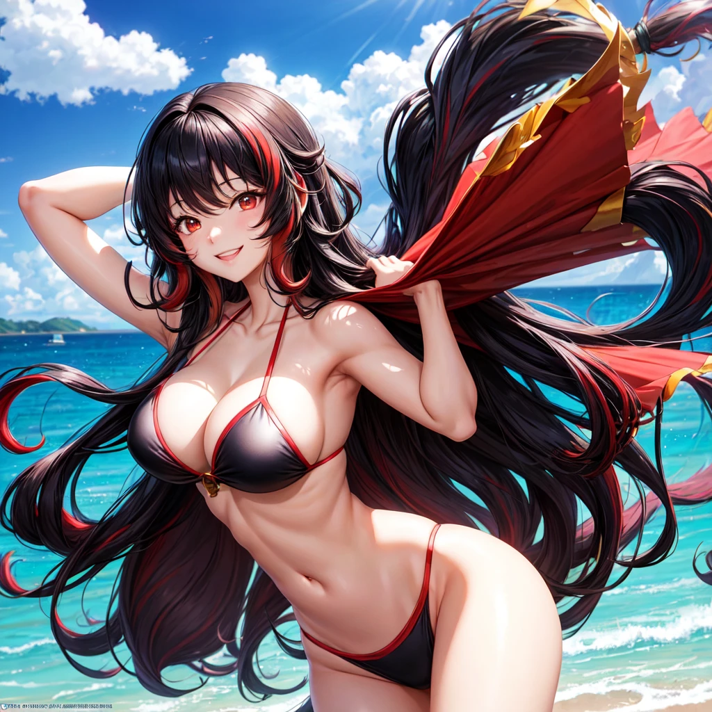 anime panel,upper body, 1girl,solo Korean, black very curly hair with red highlights(long hair), red slanted eyes, bikini , hair illuminated by sunlight, florest background, smiling