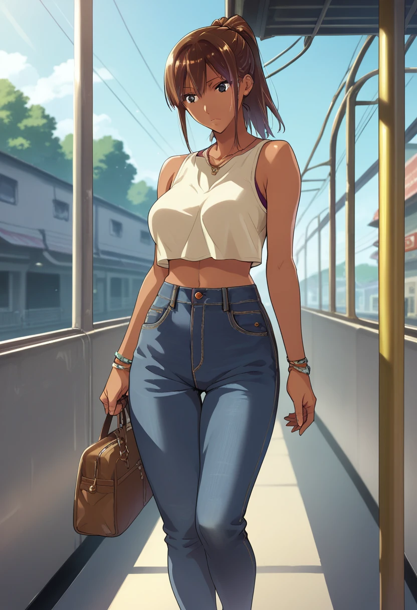 human, ((1girls)), 18 years old, beautiful, ponytail, brown hair, black eyes, Crop top with wide leg jeans outfit, Z cup breasts, ((brown skin)), fair body, 1m78, deserted, ((Takeda Hiromitsu style)), Large Vail, train station