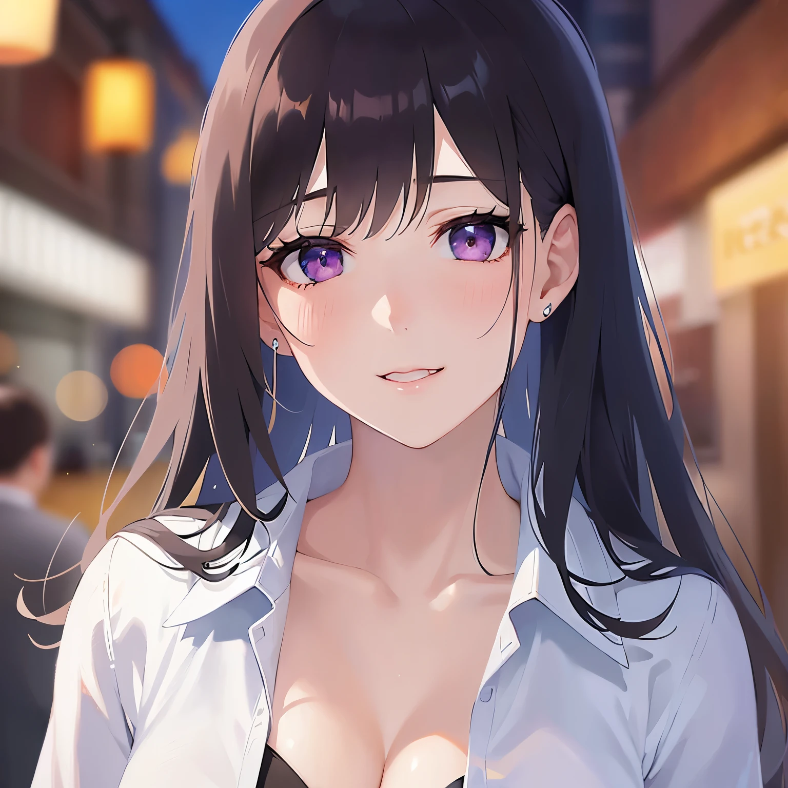 Close-up of your face、head tilt, Cleavage、Realistic, real person, (pale skin: 1.2), RAW photo, photorealistic, shiny skin, shiny hair、(A 25-year-old woman with straight hair and bangs) and (medium hair) and (black hair) and (purple eyes) , (white) and (collared shirt)、smile, (blush:1.3), The background is a shopping street at night、Alone、Are standing