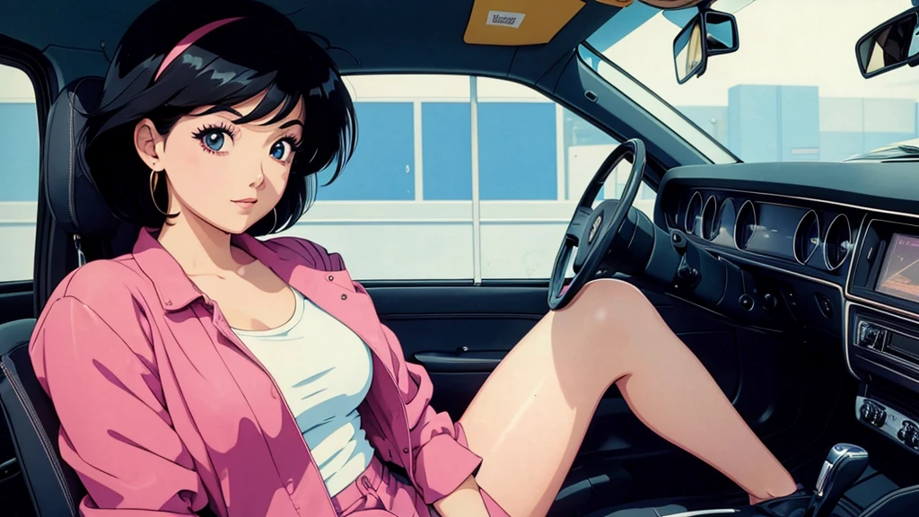 One beautiful energetic woman、Black Hair、sitting in the passenger seat of a car、80Retro anime style of the 1980s、Vivid colors、Image of a woman from inside a car、