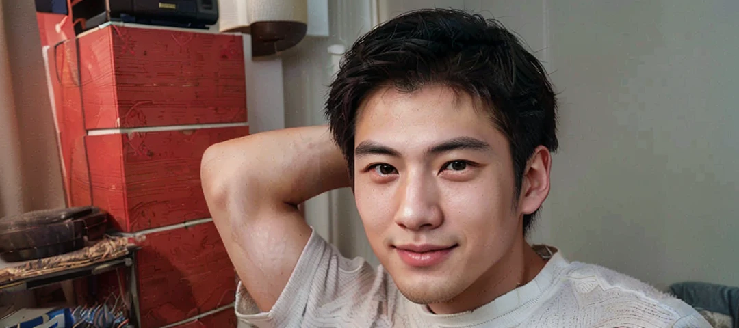 ((a young handsome man.Japanese man with thin cheeks and pointed chin is smiling.As handsome as a movie idol star, keeping eye contact.Standing in the living room wearing home clothes.))cabinet showroom, （Grid ceiling：2）, White pox, High-end gray cabinets, White marble floor, （carpet：1）, Off-white sofa, Gold display stand, Green Plants, High Detail, realism, Movie Lighting, lens flare, away, Wide-angle lens, best quality, Super detailed, High Details, masterpiece, high resolution, 8k, The award-winning