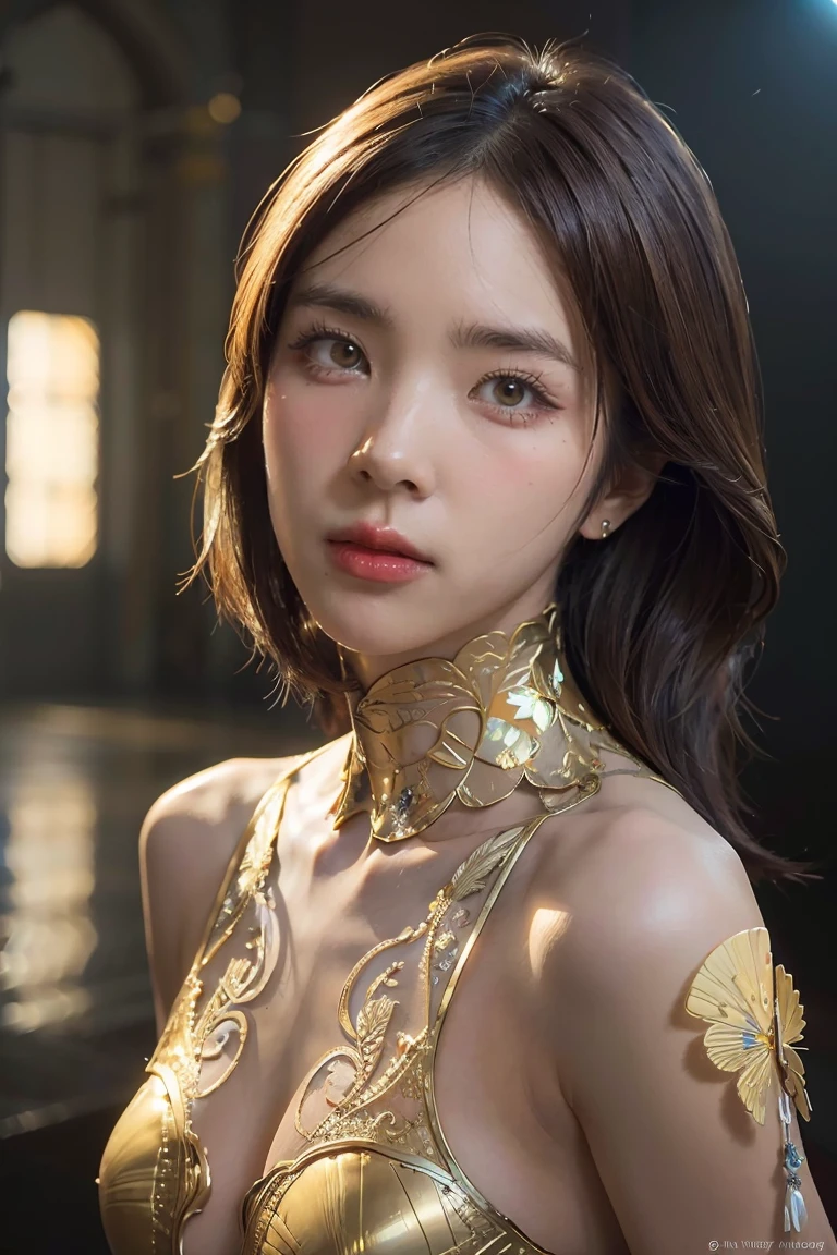 Portrait of a beautiful cyborg with 8k brown hair, intricate, elegant, highly detailed, majestic, digital photography, art by artgerm and Ruan Jia and Greg Rutkowski, surreal painting, golden butterfly filigree, broken glass, (masterpiece, side light, delicate beautiful eyes: 1.2), Human Development Report