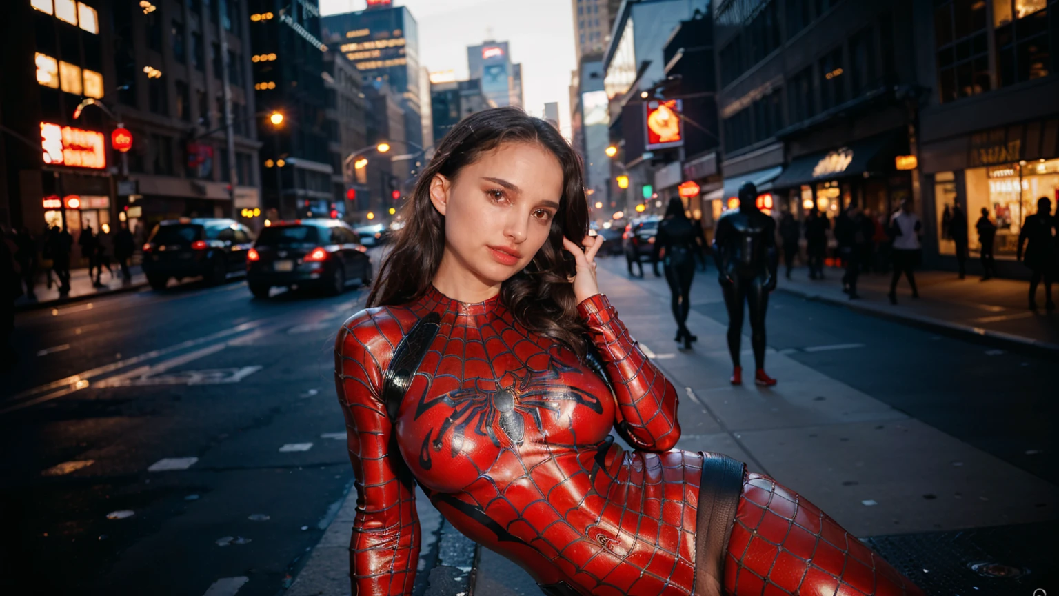 Masterpiece, Best quality,, (photorealistic1.4), (UHD), (n4t4l13p-v2), (epiCRealLife), (flashphoto),, (photorealistic1.4), (Natalie Portman in Spider Suit), (city rooftop), (night time), (spiderman latex suit), (red lipstick),  (flash photography), (widescreen photo), (outdoor), (on the street of New York)