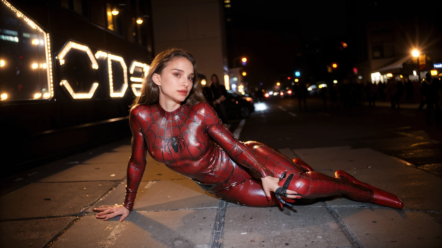 Masterpiece, Best quality,, (photorealistic1.4), (UHD), (n4t4l13p-v2), (epiCRealLife), (flashphoto),, (photorealistic1.4), (Natalie Portman in Spider Suit), (city rooftop), (night time), (spiderman latex suit), (red lipstick),  (flash photography), (widescreen photo), (outdoor), (on the street of New York)