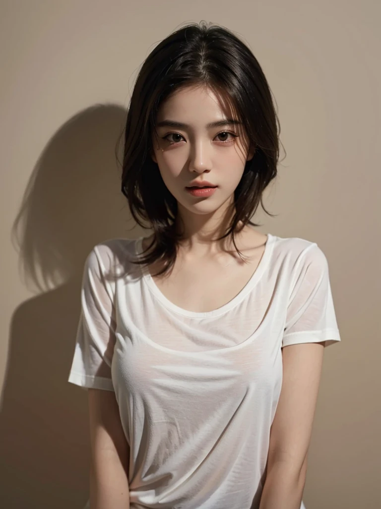 Highest quality、masterpiece、Ultra-high resolution、(Realism:1.4)、1 girl、In a pale background、Deep Shadow、Low Key、Shortcuts、Upper Body、sex appeal、Wearing a T-shirt