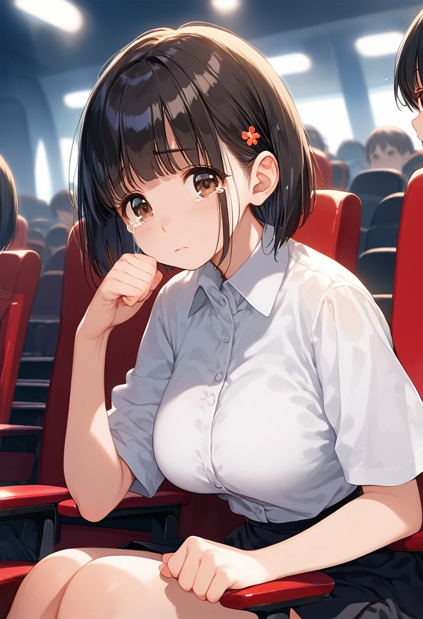 score_9,score_8_up,score_7_up,masterpiece,best quality, source anime, official art, super detailed, extreme detailed, rating_safe,
1girl, sitting on seat, watching a movie, clenched hands, upper body,
BREAK girl, 22yo, short hair, bob cut, (blunt bangs), black hair, (tareme, detailed cute brown eyes), curled eyelashes, (large breasts:0.9), 
shiny hair, beautiful detailed eyes, beautiful face,
white collared shirt, black tight mini skirt,  
sad, crying, 
movie theater,  (darkness:1.3), 